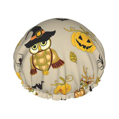 WURTON Halloween Pumpkin and Owl Print Soft Shower Cap for Women, Reusable Environmental Protection Hair Bath Caps