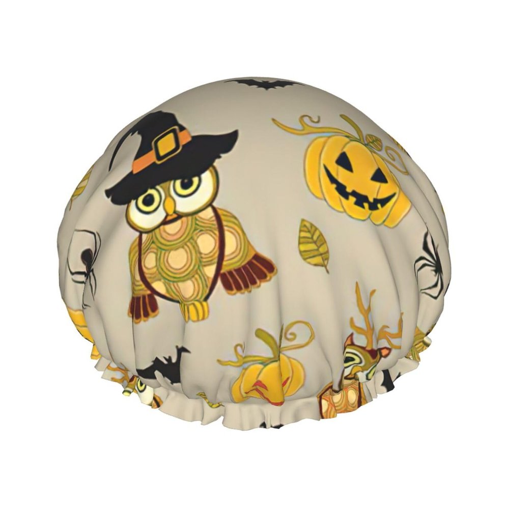 WURTON Halloween Pumpkin and Owl Print Soft Shower Cap for Women, Reusable Environmental Protection Hair Bath Caps
