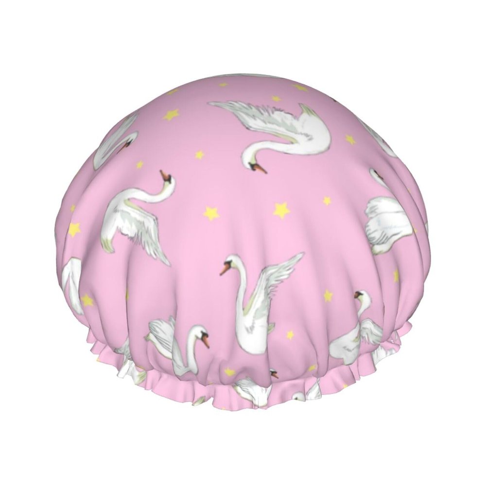 ADovz Cute Swan Shower Cap Reusable Double Layers Waterproof Bath Hair Cap Adjustable Elastic Band Shower Caps for Women Long Hair with PEVA Lined Shower Hat for Home Spa Salon Bathing, 10.6 Inch