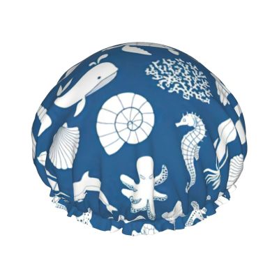 WURTON Underwater Marine Life Print Soft Shower Cap for Women, Reusable Environmental Protection Hair Bath Caps