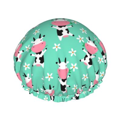ADovz Dancing Cow Shower Cap Reusable Double Layers Waterproof Bath Hair Cap Adjustable Elastic Band Shower Caps for Women Long Hair with PEVA Lined Shower Hat for Home Spa Salon Bathing, 10.6 Inch