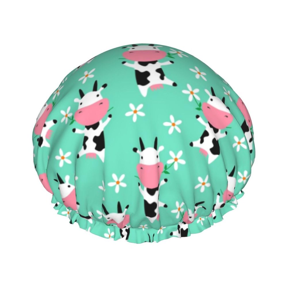 ADovz Dancing Cow Shower Cap Reusable Double Layers Waterproof Bath Hair Cap Adjustable Elastic Band Shower Caps for Women Long Hair with PEVA Lined Shower Hat for Home Spa Salon Bathing, 10.6 Inch