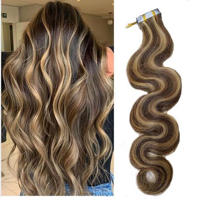 Tape in Highlighted Hair Extensions Human Hair Body Wave Blonde Hair Tape in Chocolate Brown Highlighted Caramel Blonde Tape in Human Hair Extensions 16 Inch 100g