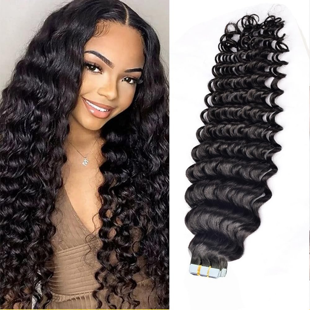 Tape in Hair Extensions Human Hair Black Hair Extensions 20 Inch 40pcs Tape ins Italian Curly Seamless Natural Invisible Tape in Extensions Real Human Hair 100g