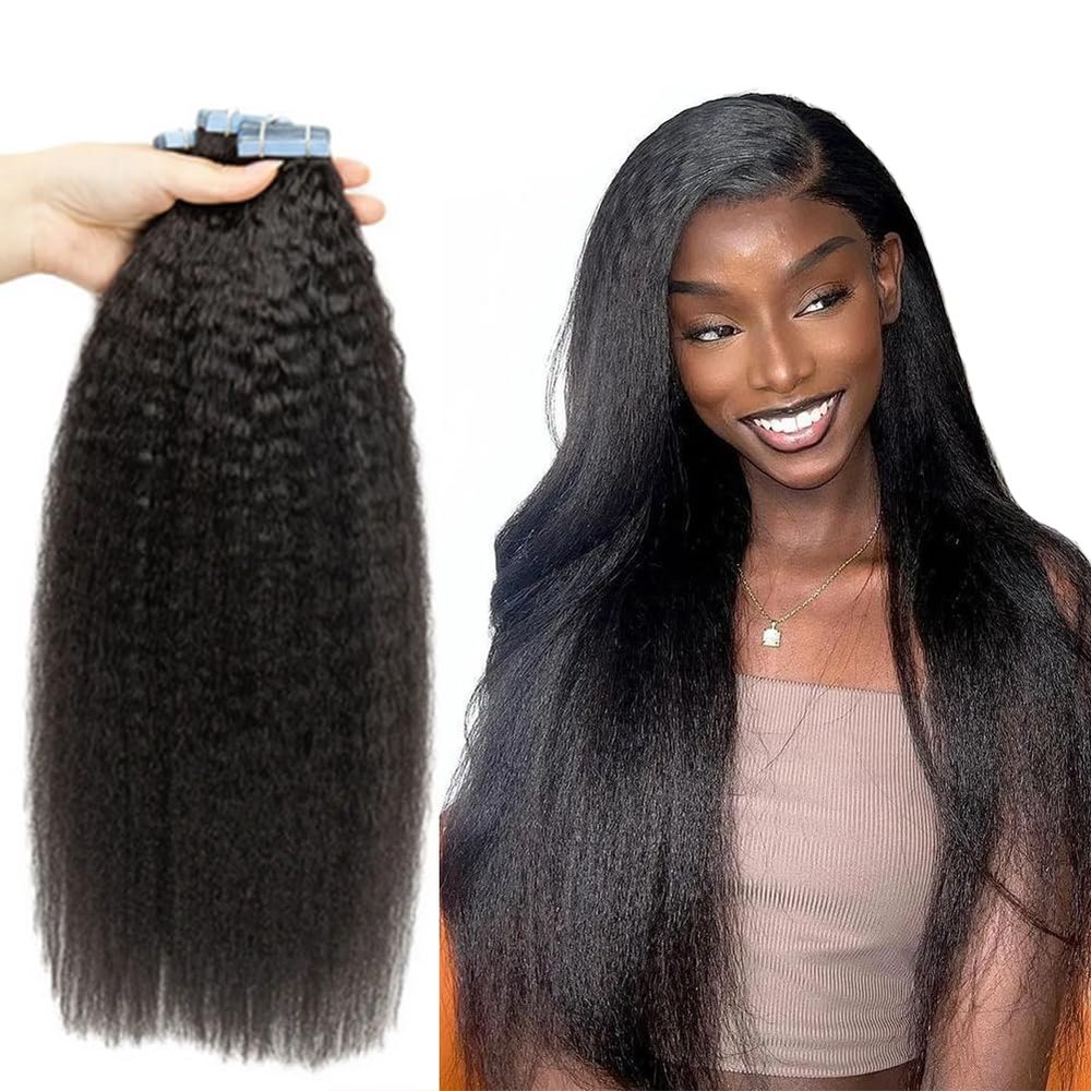 Afro Kinky Curly Tape In Human Hair for Women 14inch Yaki Straight Hair Seamless Skin Weft Adhesive Glue On For Salon Hair for Woman 100g/40pcs/Pack,1b