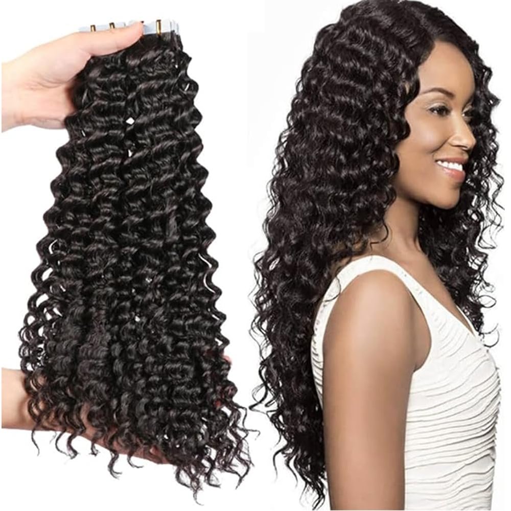 14inch Tape in Hair Extensions Natural Black Jerry Curly Human Hair Extensions PU Skin Weft Adhesive Tape ins for Women 100g/40pcs Full Head Natural Black 1b
