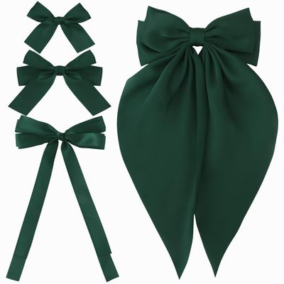 4pcs Small Hair Bow Clips for Women Girls Green Silky Satin Hair Ribbon Large Bows for Hair Different Sizes Bowknot Alligator Clips Hair Bow Barrettes Oversized Long-tail Aesthetic Hair Accessories
