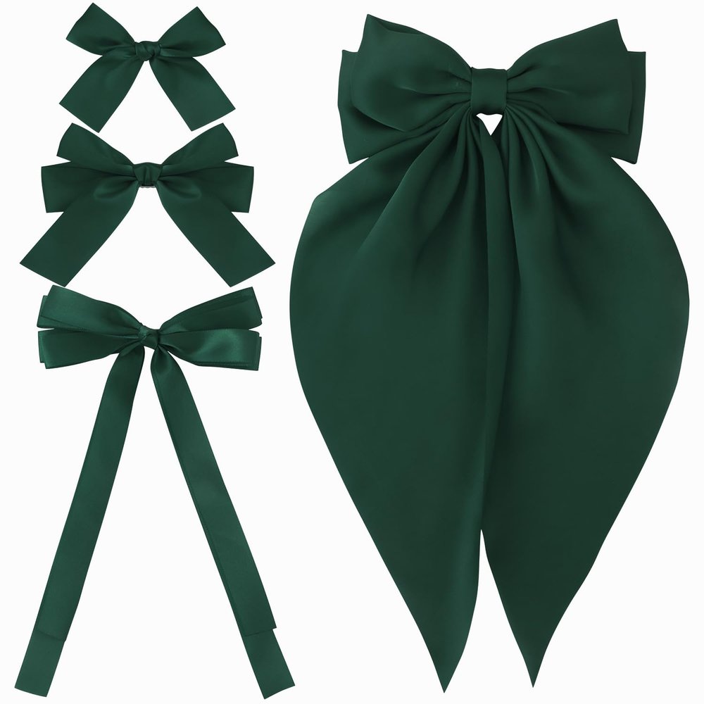 4pcs Small Hair Bow Clips for Women Girls Green Silky Satin Hair Ribbon Large Bows for Hair Different Sizes Bowknot Alligator Clips Hair Bow Barrettes Oversized Long-tail Aesthetic Hair Accessories
