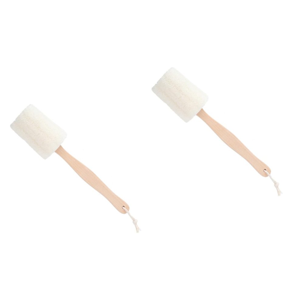 Angoily 2pcs Shower Brush Long Wooden Handle Natural Loofah Sponge Body Exfoliator Bath Brush Loofah for Smooth Skin