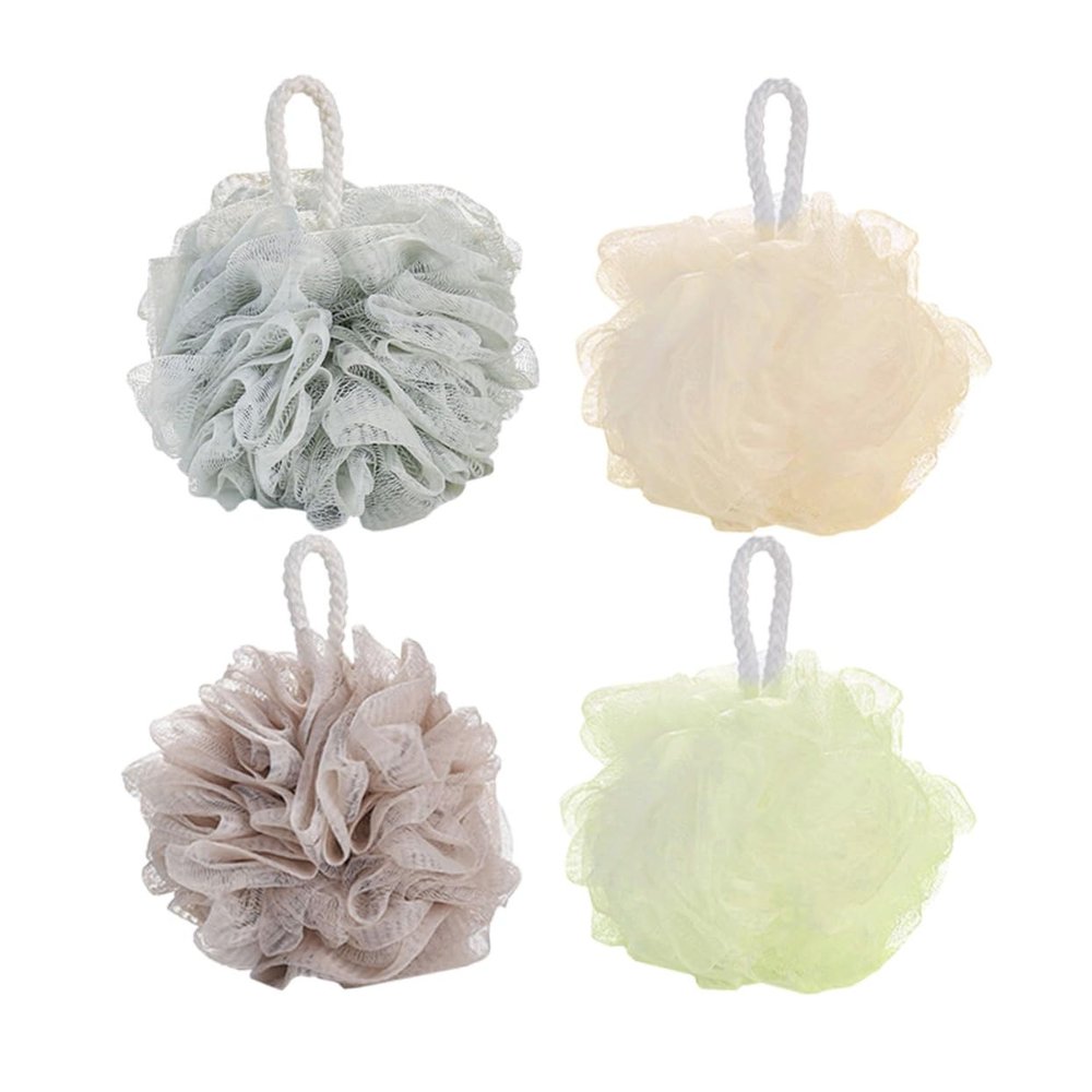 Angoily 4pcs Large Bath Mesh Pouf Soft and Comfortable Exfoliating Shower Sponge White Green Grey and Khaki for Relaxing Body Care and