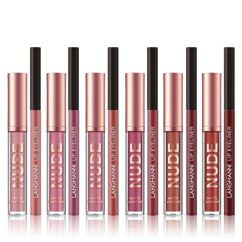 12Pcs Matte Liquid Lipstick + Lip Liner Pens Set, One Step Lips Makeup Kits Pigment Velvety Nude Lip Stain Waterproof Long Wear Lip Gloss Make up Gift Set (Set A)