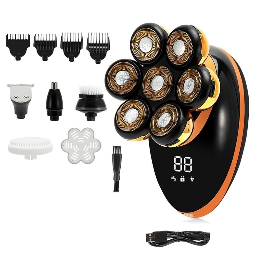 EKHOU Head Shavers for Bald Men, 5 in 1 Men 7D Floating Men Electric Shaver Wet Dry Beard Hair Trimmer Electric Razor Rechargeable Bald Head Shaving Machine LCD Display (Color : Golden)