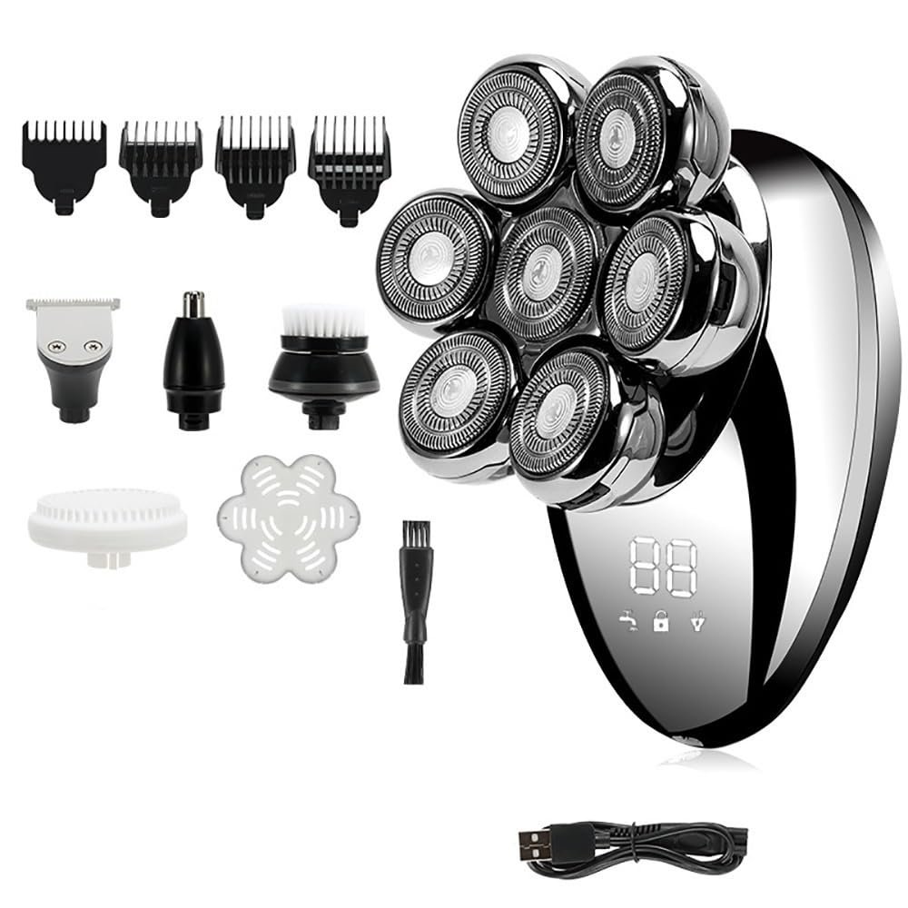 EKHOU Head Shavers for Bald Men, 5 in 1 Men 7D Floating Men Electric Shaver Wet Dry Beard Hair Trimmer Electric Razor Rechargeable Bald Head Shaving Machine LCD Display (Color : Silver)