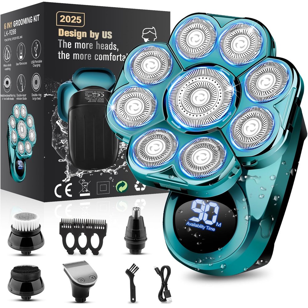 9D Electric Head Shaver for Bald Men, Upgraded 5-in-1 Waterproof Wet/Dry Grooming Kit Electric Shaver for Men, Cordless Rechargeable Bald Head Razor for Home&Travel