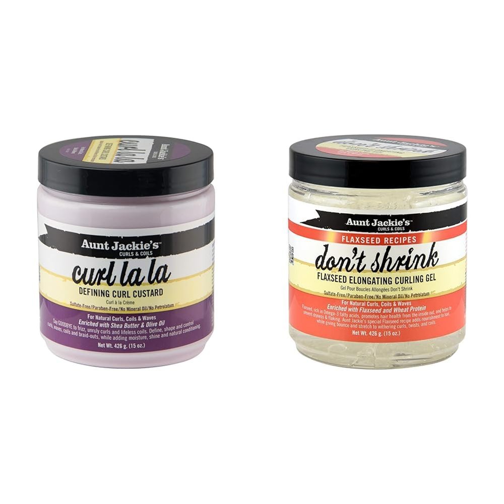 Aunt Jackie's Curl La La, Lightweight Curl Defining Custard, Enriched with Shea Butter & Olive Oil, Basic, 15 Ounce & Flaxseed Recipes Don't Shrink Elongating Hair Curling Gel for Natural Curls