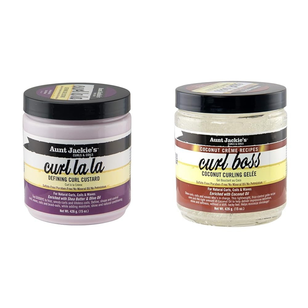 Aunt Jackie's Curl La La Lightweight Defining Custard with Shea Butter & Olive Oil, & Boss Coconut Curling Hair Gel for Natural Curls, 15 Ounce