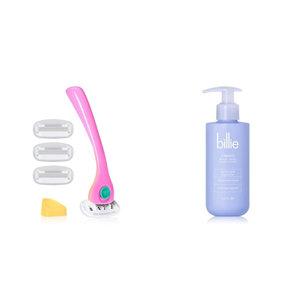 Billie Razors for Women Shave Kit  Womens Razor + 4 x 5-Blade Razor Refills + Magnetic Holder  Malibu & V Smooth - Shave Gel + Cleanser for Pubic Hair & Skin - pH-Balanced