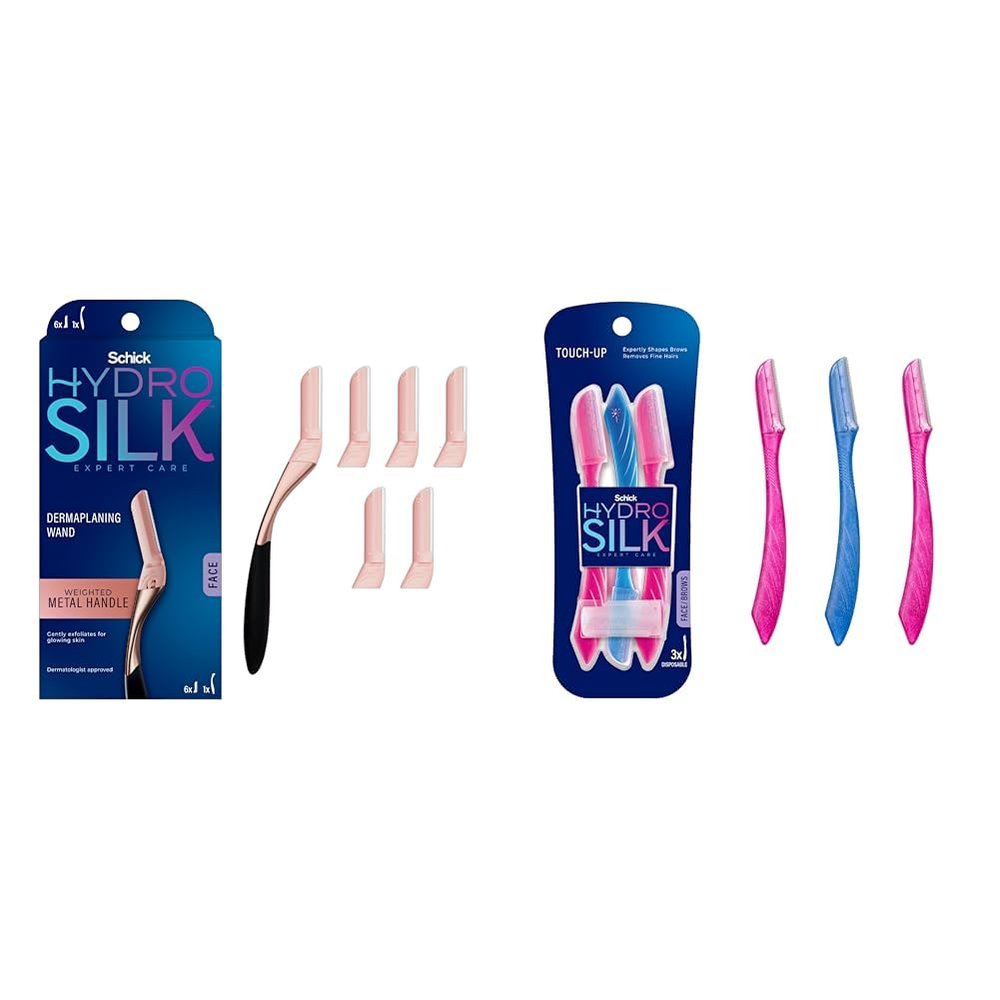 Schick Hydro Silk Dermaplaning Wand for Face with 6 Refill Blades | Dermaplane Peach Fuzz Remover & Touch-Up Exfoliating Dermaplaning Tool, Face & Eyebrow Razor with Precision Cover