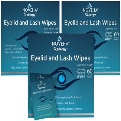NOVEHA 180Pcs Allergy Relief Eyelid Wipes | Pre-moistened Hypoallergenic Eye Cleansing Pads, Reduce Itchiness, Redness & Discomfort Caused By Allergy, Clean, Soothe & Remove Debris (3 Pack)