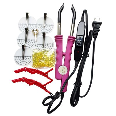 USHTIGER Fusion Hair Extension Tools Connector Wands Install Fusion Flat K Tip Human Hair Keratin Extension Melting Tool Kit For Pre-Bonded Flat Tip Scalp Protectors Teflon Heating Plate Pink