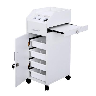 Hair Salon Trolley Cart with Wheels - Rolling Storage Cart with Drawers - Mobile Makeup Case - Lockable Hairdressing Tools Organizer - 3 Hair Dryer Holders, 4 Drawers, Side Tray, and 2 Keys - White