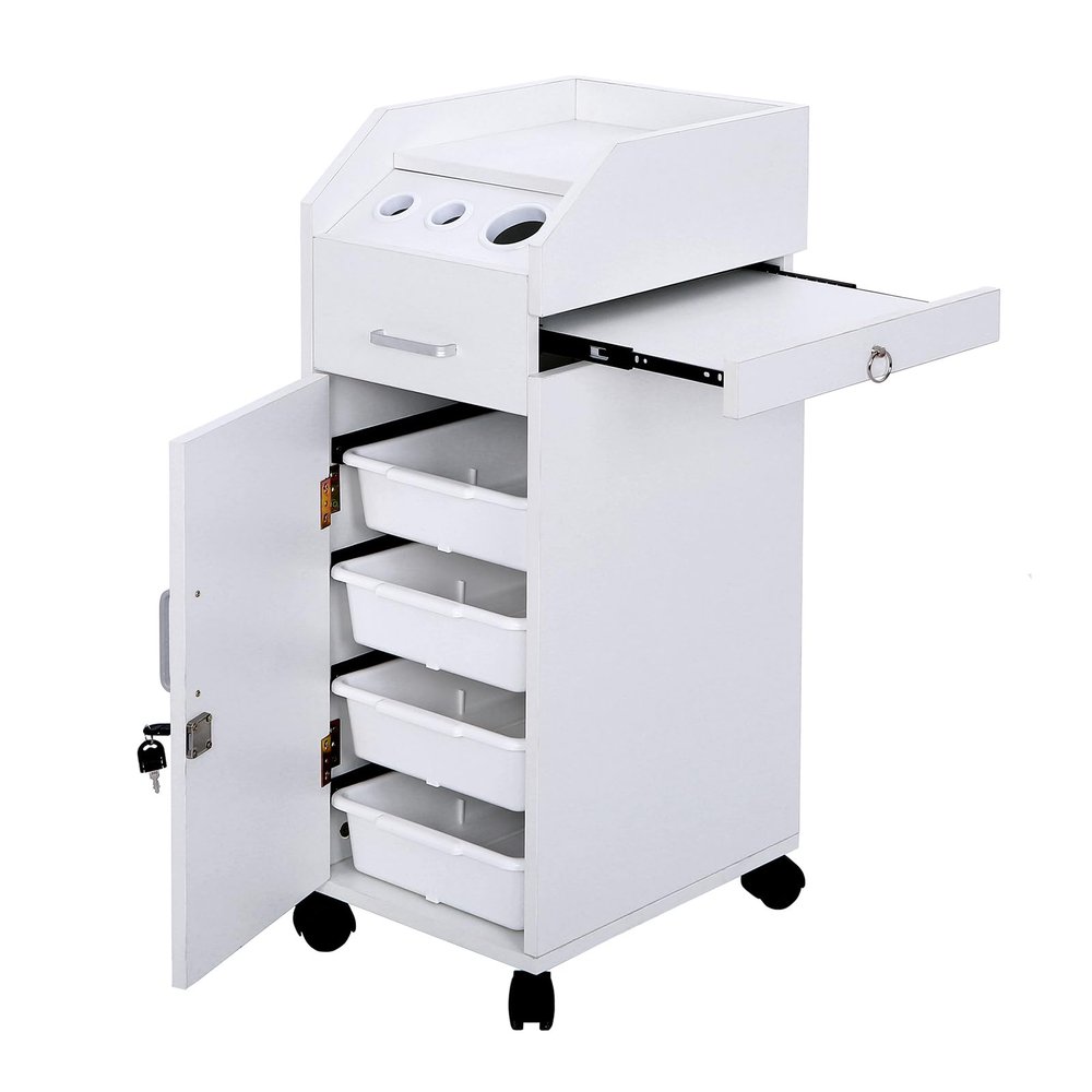 Hair Salon Trolley Cart with Wheels - Rolling Storage Cart with Drawers - Mobile Makeup Case - Lockable Hairdressing Tools Organizer - 3 Hair Dryer Holders, 4 Drawers, Side Tray, and 2 Keys - White