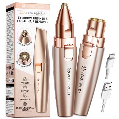 VG VOGCREST Eyebrow & Facial Trimmer: 2 in1 Rechargeable Facial Hair Removal & Eyebrow Shaver - Body Razor with Built-in LED Light (Rose Gold)
