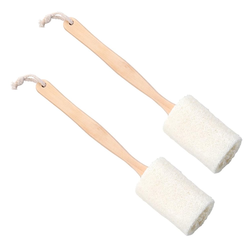 Angoily 2pcs Natural Loofah Back Scrubber Brush Wooden Handle for Exfoliating Brush for Smooth Skin and Easy Hanging Drying