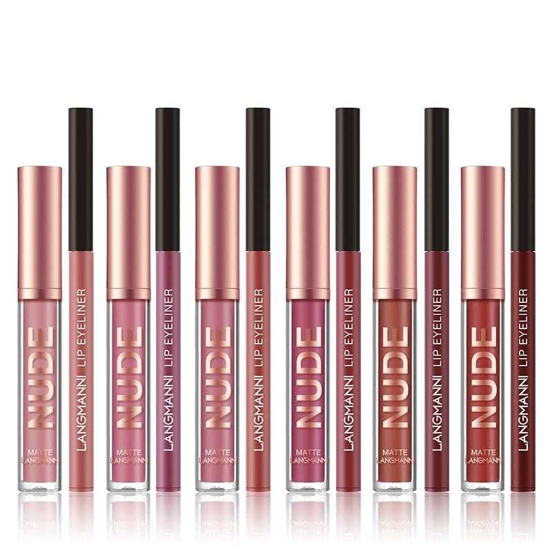 12Pcs Matte Liquid Lipstick + Lip Liner Pens Set, One Step Lips Makeup Kits Pigment Velvety Nude Lip Stain Waterproof Long Wear Lip Gloss Make up Gift Set (Set A)
