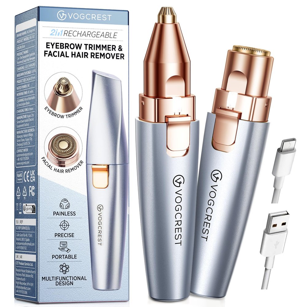 VG VOGCREST Eyebrow & Facial Trimmer: 2 in1 Rechargeable Facial Hair & Eyebrow Shaver - Painless LED Light (Sky Blue)