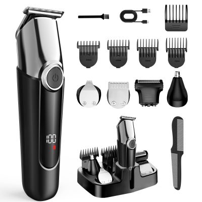 7d24hcare Beard Trimmer for Men - 5 in 1 Kit Electric Razor, Nose Hair Trimmer with LED Display, Cordless Mustache Body Face Grooming Kit, Waterproof Rechargeable Beard Shaver