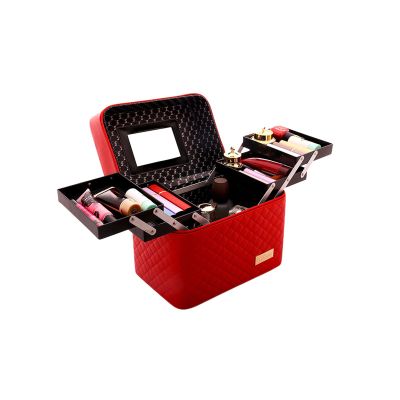 Erice Large Makeup Organizer, 4-Layer Foldable Tray PU Leather Makeup Cosmetic Case, Caboodle, Portable Waterproof Large Capacity Toiletry Box, Makeup Bag Cosmetic Bags for Women (Red), EJ1086503