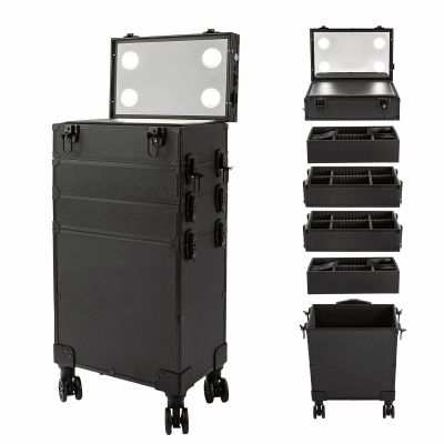 Lemoeyes Rolling Makeup Case with Lighted Mirror, 5 in 1 Train Case on Wheels Large Beauty Salon Luggage Cosmetic Trolley for Cosmetology Nail Tech Hairstylist, Black