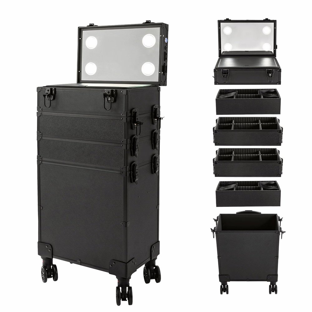 Lemoeyes Rolling Makeup Case with Lighted Mirror, 5 in 1 Train Case on Wheels Large Beauty Salon Luggage Cosmetic Trolley for Cosmetology Nail Tech Hairstylist, Black