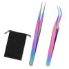 2pcs Precision Nail Art Eyelash Extension Tweezers - Stainless Steel False Lash Application Tools, Curved & Straight Tip view 1