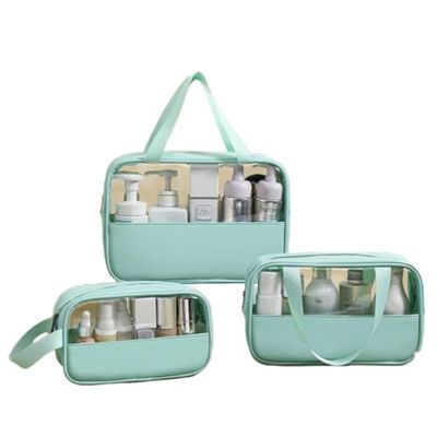 NIORYUZ 3-Pieces Clear Cosmetics Bag Transparent PVC Travel Pouch Makeup Organizer Water Proof Cases, Set of 3 (Mint Solid)
