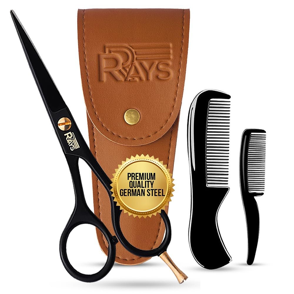 5'' Beard Scissors for Men- German Mustache Scissors with Beard & Mustache Comb- Beard Trimming Scissors with Travel Pouch- Mustache Grooming kit for Men Facial Hair Styling-Mustache Trimmer.