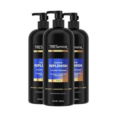 TRESemm 3-in-1 Shampoo, Conditioner, & Detangler Clean & Replenish Pack of 3 to Cleanse, Condition, & Detangle, with Pro Vitamin C & Green Tea, 28 oz