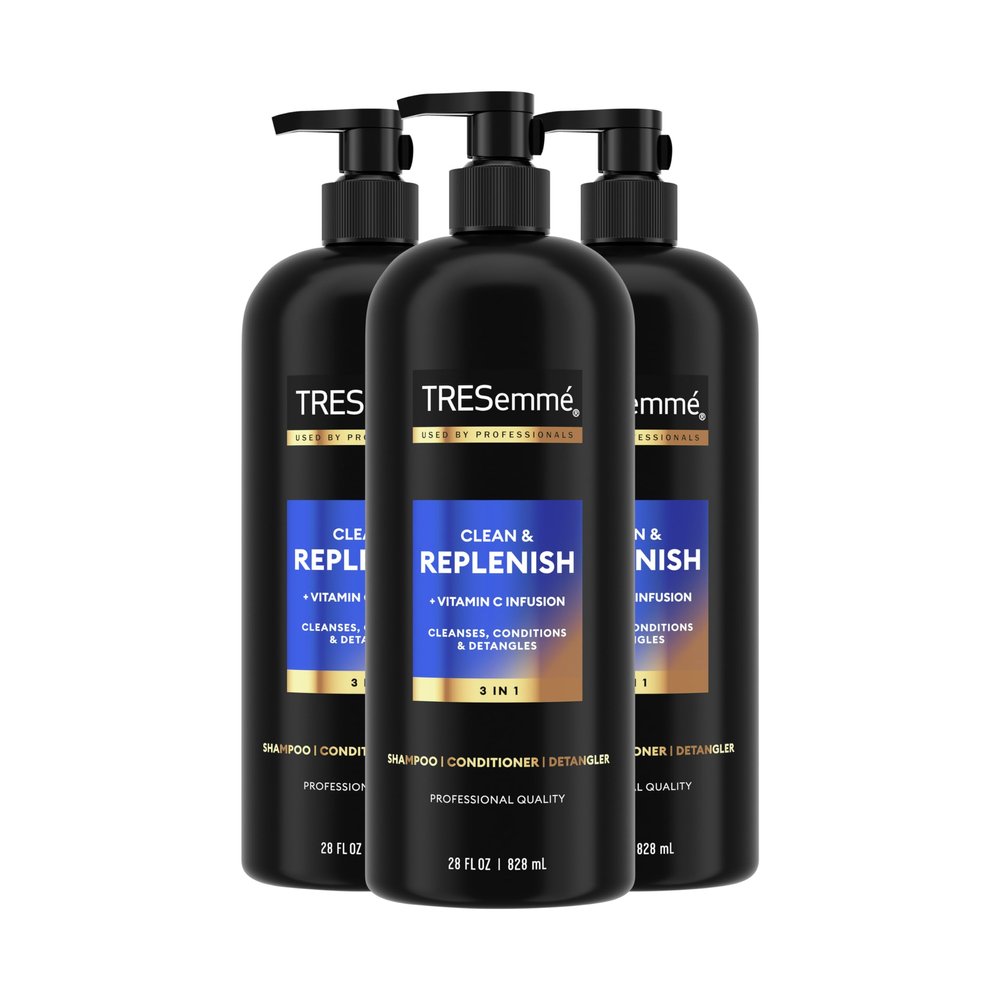 TRESemm 3-in-1 Shampoo, Conditioner, & Detangler Clean & Replenish Pack of 3 to Cleanse, Condition, & Detangle, with Pro Vitamin C & Green Tea, 28 oz