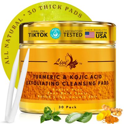 Live Healthy The Original Kojic Acid & Turmeric Cleansing Pads - Exfoliating, Brightening, Face Scrub Pad, Clears Acne - Turmeric Cleansing Pads for Dark Spots with Vitamin C - Made in USA | 30 Count