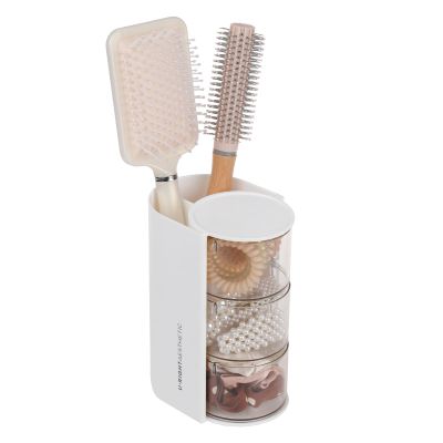 FABROK 3-Layer Clear Hair Accessories Organizer with Hair Brushes Holder, Rotatable Small Jewelry Box for Clip Earring Necklaces, Desktop Organizer Case for Cotton Swab, Accessories