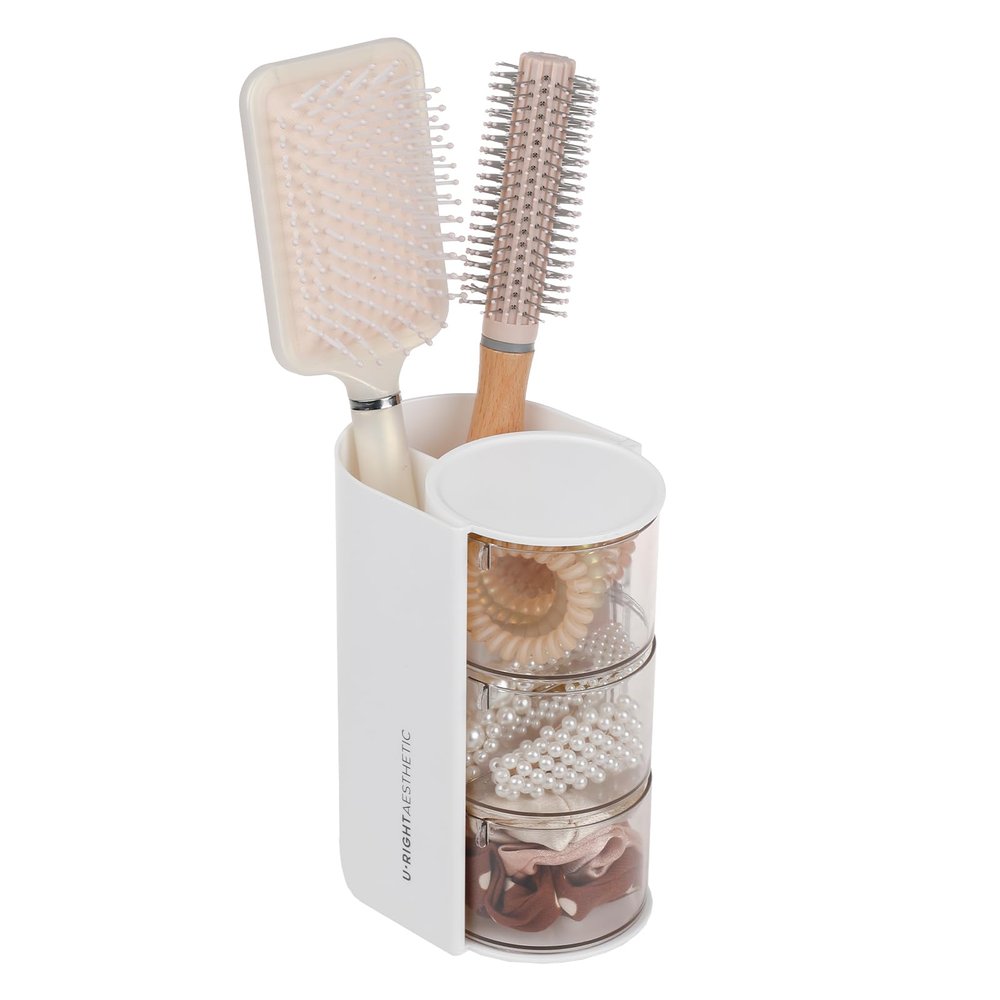 FABROK 3-Layer Clear Hair Accessories Organizer with Hair Brushes Holder, Rotatable Small Jewelry Box for Clip Earring Necklaces, Desktop Organizer Case for Cotton Swab, Accessories