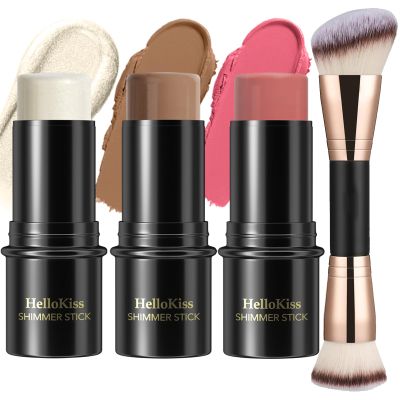 3 Pcs Cream Contour Stick Makeup Kit, Shades with Highlighter,Blush and Bronzer Contour Stick for Sculpt the Cheeks, Waterproof, Matte & Dewy Finish (Light-Medium,#02+#10+#12)