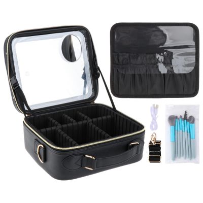 Travel Makeup Bag with LED Lighted Mirror 3 Color Scenarios Adjustable Brightness, Portable Waterproof Makeup Case with Adjustable Dividers, Make up Train Case Makeup Organizer Travel Accessories