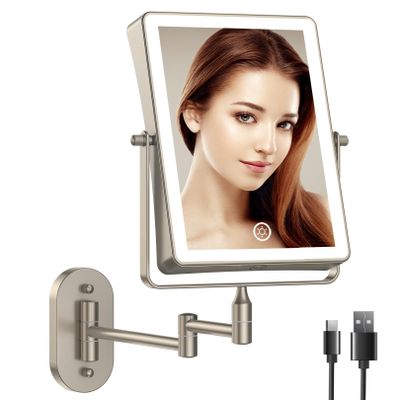 FASCINATE Rechargeable Wall Mounted Makeup Mirror, 8.7" Double Sided Touch Switch 1X 10X Rectangle Magnifying Mirror Wall Mounted, 3 Color Setting, Extended Arm 360 Swivel Foldable Nickel