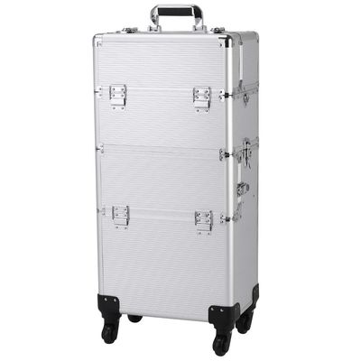 3 in 1 Rolling Makeup Train Case,Professional Cosmetic Trolley Large Storage with Keys Swivel Wheels,Makeup Travel Case,Salon Barber Case Traveling Cart Trunk for Make Up Hairstylists (Silver)