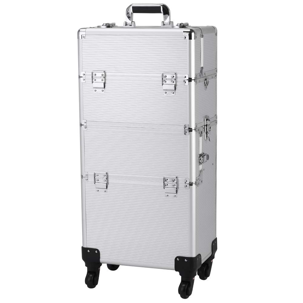 3 in 1 Rolling Makeup Train Case,Professional Cosmetic Trolley Large Storage with Keys Swivel Wheels,Makeup Travel Case,Salon Barber Case Traveling Cart Trunk for Make Up Hairstylists (Silver)