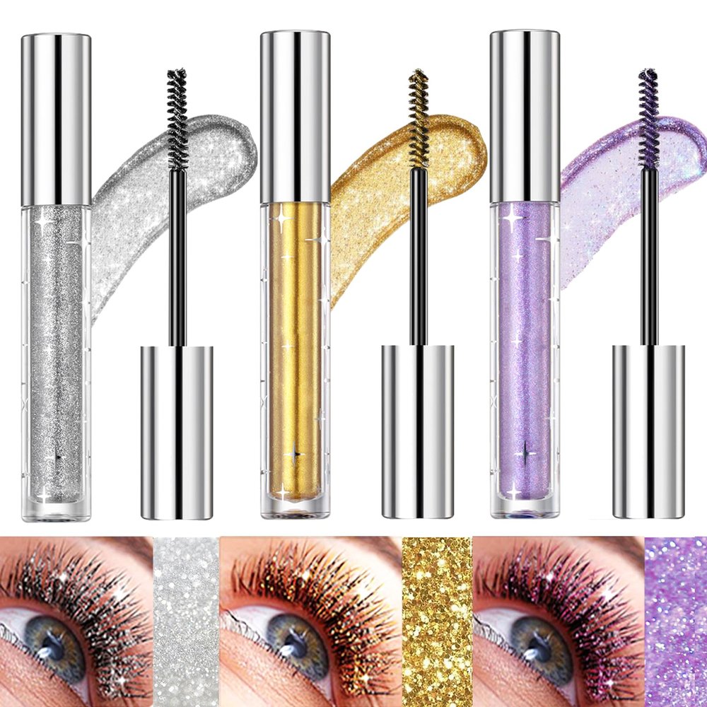 Bekoeen 3PCS Sparkling Diamonds Mascara, Waterproof Shining Colorful Lashes for Eyelashes, Long Lasting Lengthening Volumizing Mascara for Party Wedding