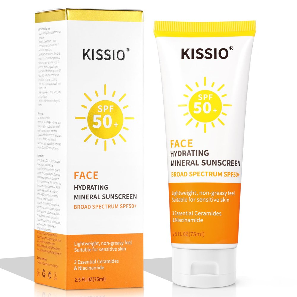 KISSIO Sunscreen For Face,with Zinc Oxide and Titanium Dioxide,Broad Spectrum Sunscreen,SPF 50,Hydrating Mineral,Non-greasy,Suitable for Sensitive Skin,2.5 FL OZ