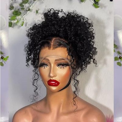 oulaer 360 Lace Brazilian Curly Human Hair Wig HD Transparent Lace Front Wig Pre Plucked Remy Hair 150% Density Natural Color Kinky Curly Human Hair Glueless Wigs with Baby Hair Bleached Knots 18inch